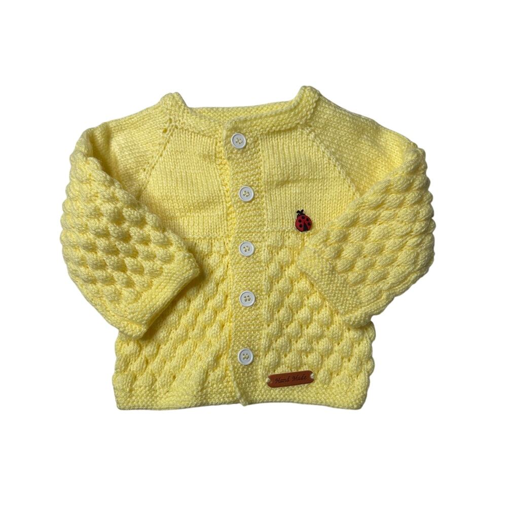 Handmade Yellow Popcorn Knit Cardigan Ladybug New 6-12M